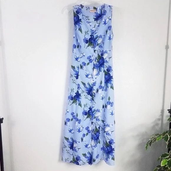 Expressions Women's Blue Floral V Neck Sleeveless Tie Waist Maxi Dress - Picture 2 of 9
